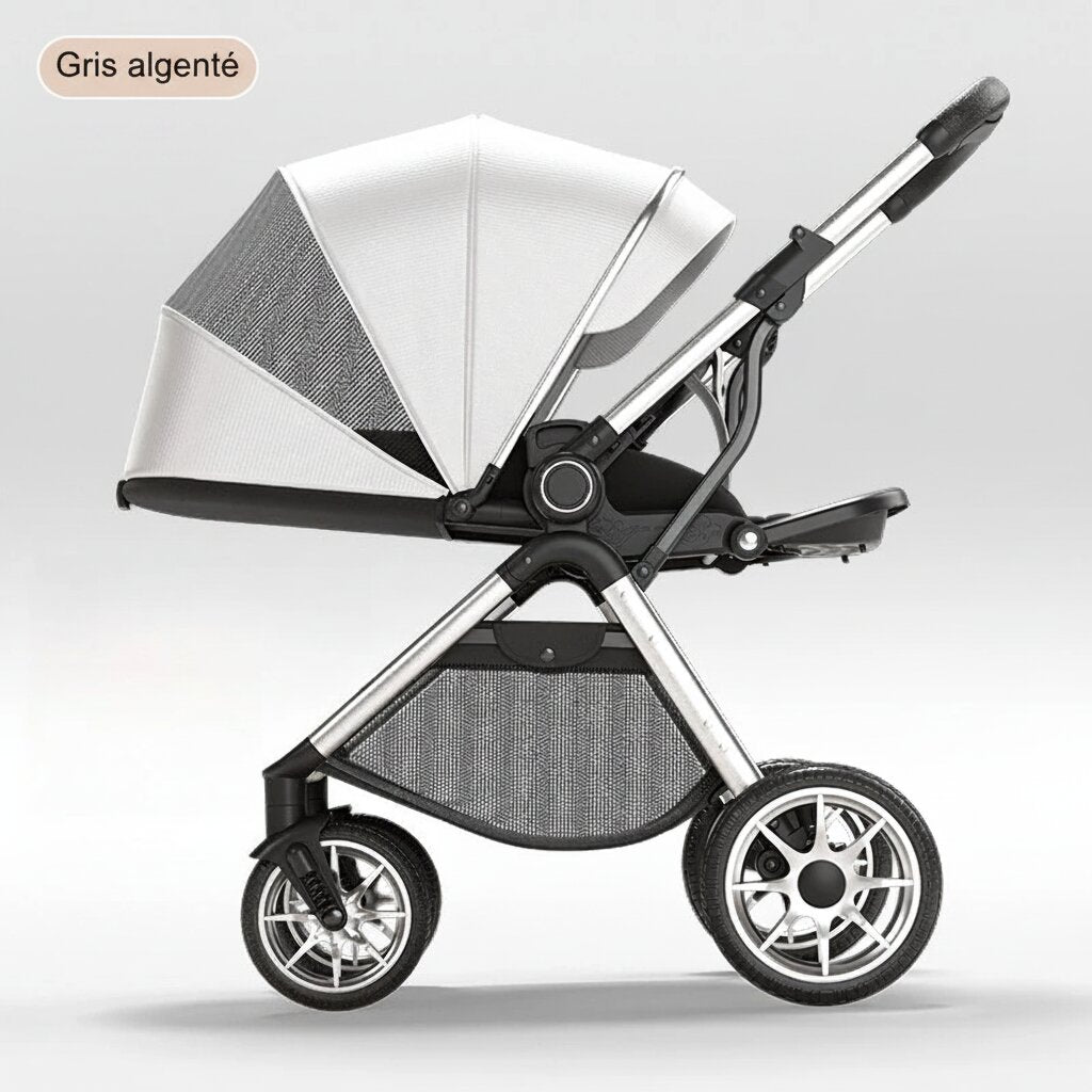 Poussette bébé haute position coloris Gris argenté châssis argent roues pneumatiques - Choupinoo