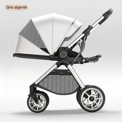 Poussette bébé haute position coloris Gris argenté châssis argent roues pneumatiques - Choupinoo