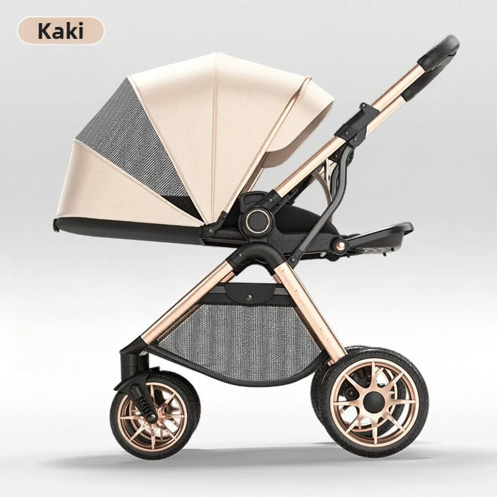 Poussette bébé haute position coloris Kaki châssis doré roues pneumatiques - Choupinoo