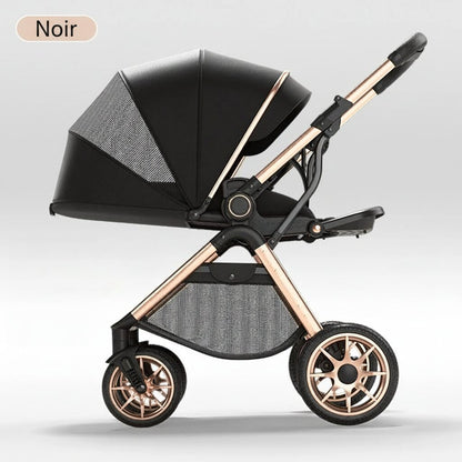Poussette bébé haute position coloris Noir capote noire châssis doré vue profil - Choupinoo