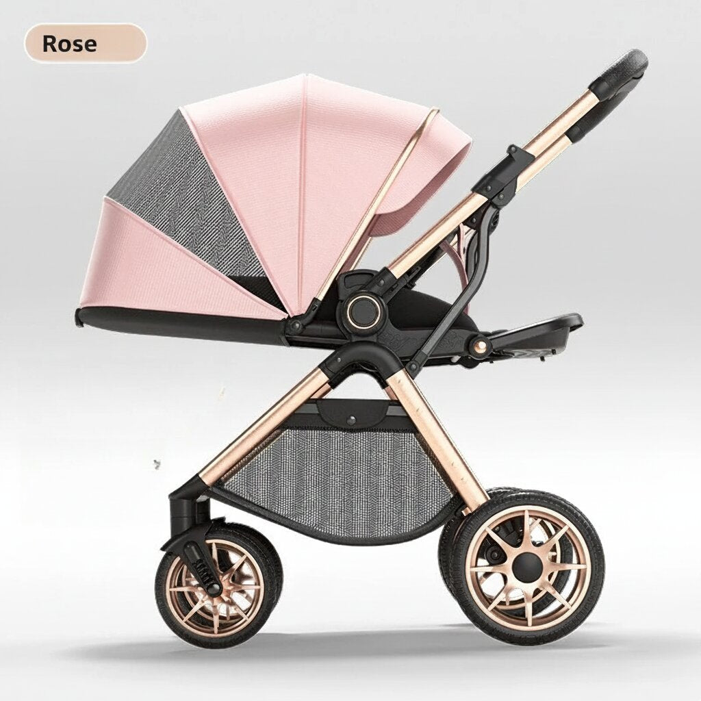 Poussette bébé haute position coloris Rose châssis doré roues pneumatiques - Choupinoo