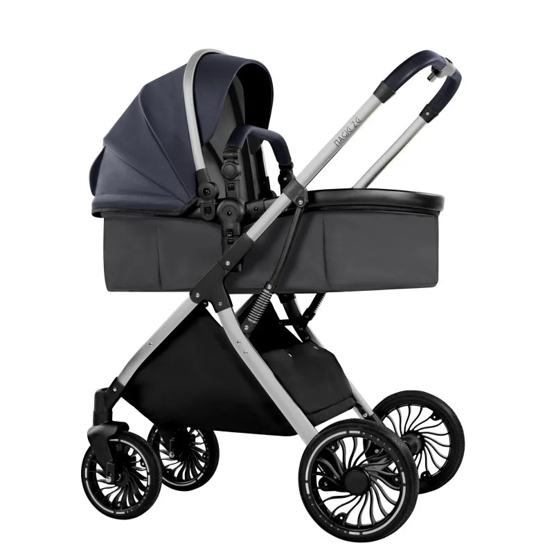 Poussette bebe 2 en 1 evolutive nacelle et assise reversible coloris bleu marine, vue profil - Choupinoo