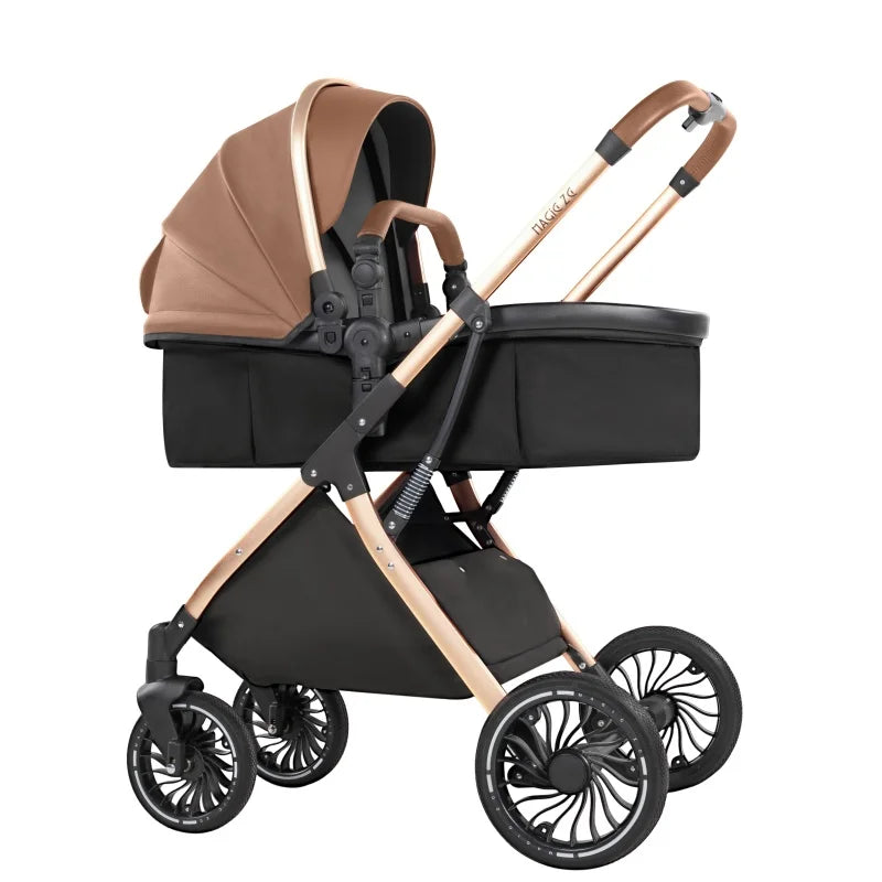 Poussette bebe 2 en 1 evolutive nacelle et assise reversible coloris caramel, vue profil - Choupinoo