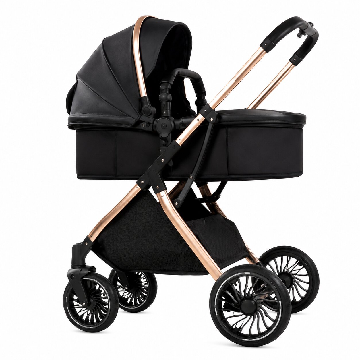 Poussette bebe 2 en 1 evolutive nacelle et assise reversible coloris noir, vue profil - Choupinoo