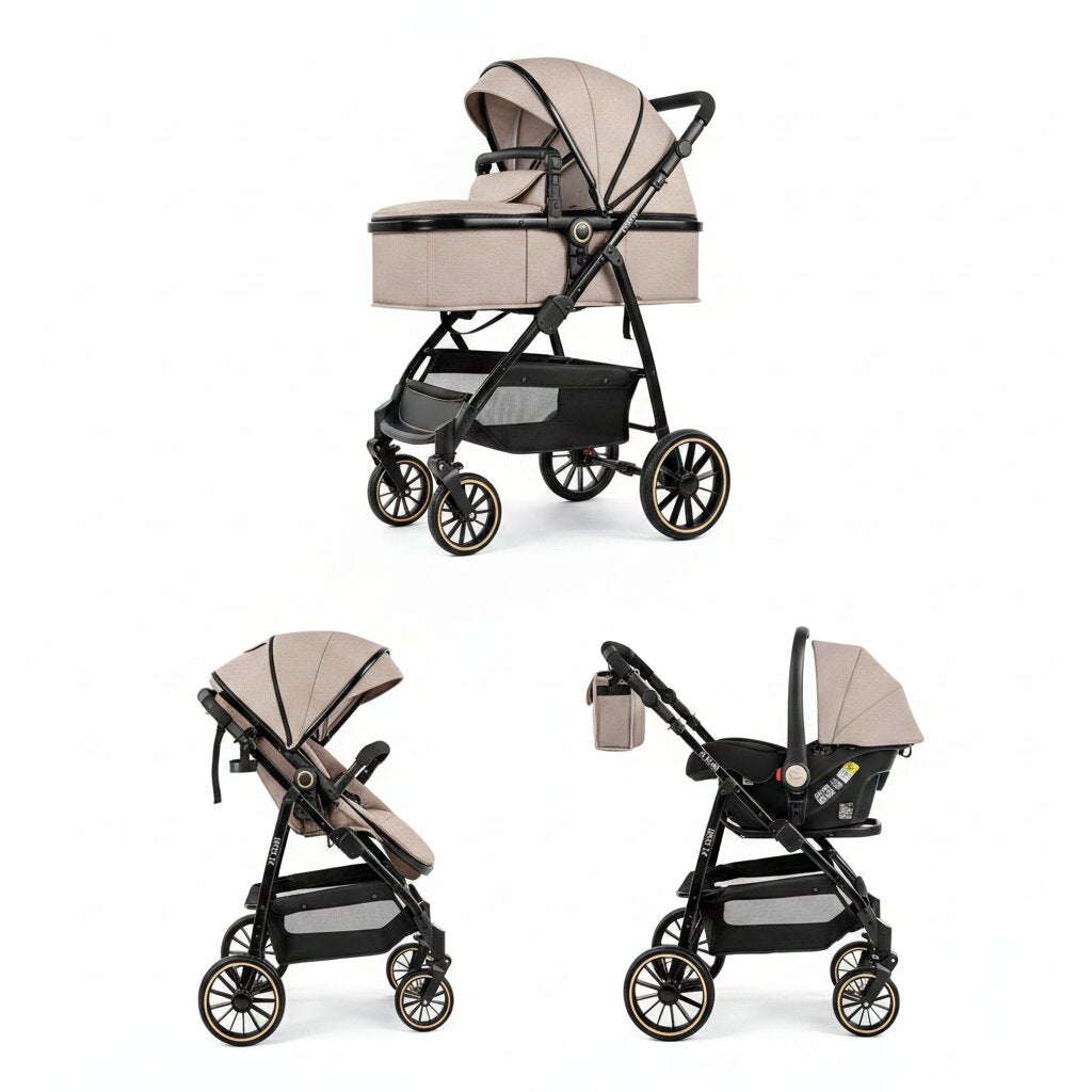 Poussette bebe 3 en 1 nacelle assise et siege auto variante beige noir - Choupinoo