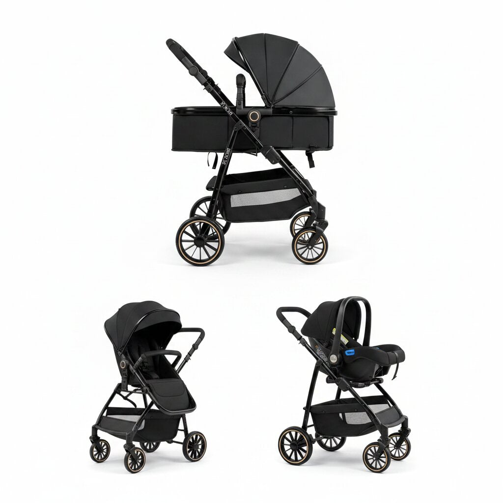 Poussette bebe 3 en 1 nacelle assise et siege auto variante noir integral - Choupinoo