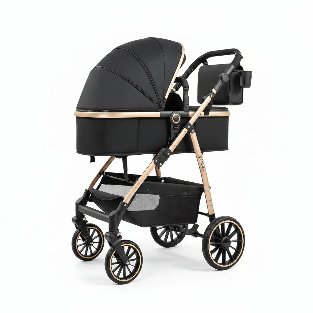 Poussette bebe 3 en 1 nacelle assise et siege auto variante noir or vue 3-4 - Choupinoo