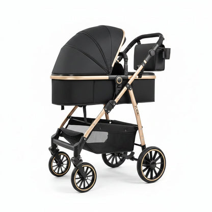 Poussette bebe 3 en 1 nacelle assise et siege auto variante noir or vue 3-4 - Choupinoo