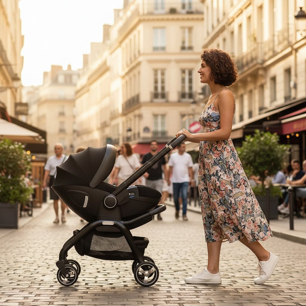 Maman poussant une poussette bébé 3 en 1 noire avec siège auto en ville, vue de côté, journée ensoleillée - Choupinoo