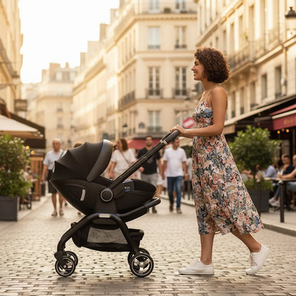 Maman poussant une poussette bébé 3 en 1 noire avec siège auto en ville, vue de côté, journée ensoleillée - Choupinoo