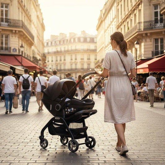 Maman de dos poussant une poussette bébé 3 en 1 noire avec siège auto dans un centre urbain animé et ensoleillé - Choupinoo