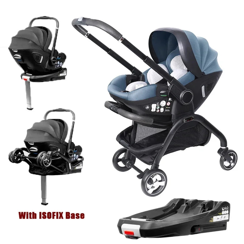 Poussette bebe 4 en 1 avec base Isofix couleur bleu – siege auto, nacelle et chassis noir, fond blanc