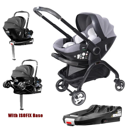 Poussette bebe 4 en 1 avec base Isofix couleur gris – siege auto, nacelle et chassis noir, fond blanc