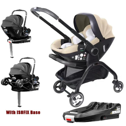 Poussette bebe 4 en 1 avec base Isofix couleur kaki – siege auto, nacelle et chassis noir, fond blanc - Choupinoo