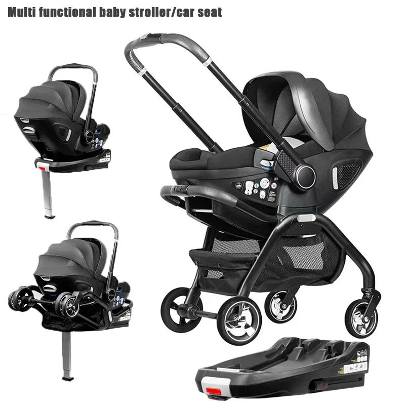 Poussette bebe 4 en 1 S366 noire avec siege auto sur base Isofix – vue lifestyle fond gris bleu, marque Kidilo