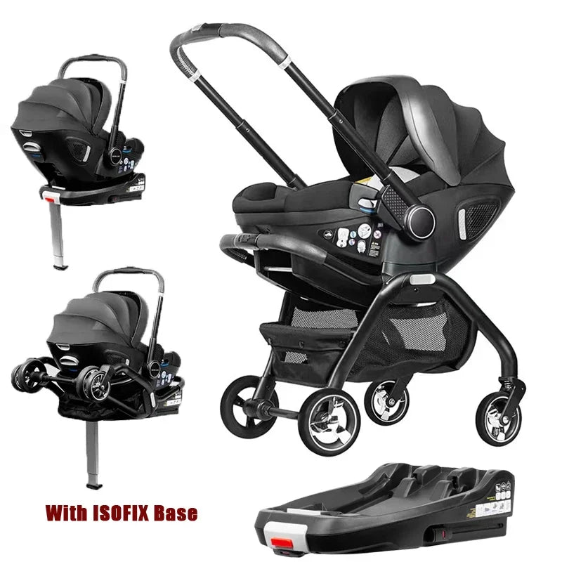 Poussette bebe 4 en 1 noire avec base Isofix incluse – siege auto, nacelle, chassis pliable - Choupinoo