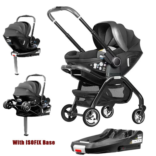 Poussette bebe 4 en 1 noire avec base Isofix incluse – siege auto, nacelle, chassis pliable - Choupinoo