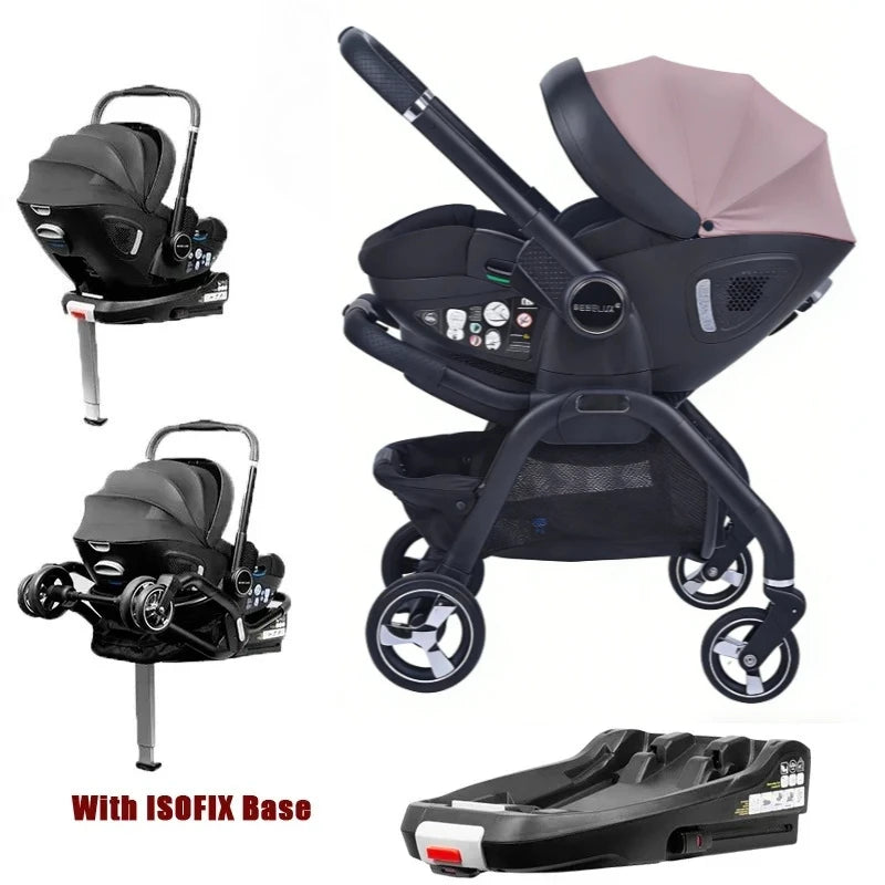 Poussette bebe 4 en 1 avec base Isofix couleur rose – siege auto, nacelle et chassis noir, fond blanc - Choupinoo