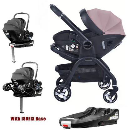 Poussette bebe 4 en 1 avec base Isofix couleur rose – siege auto, nacelle et chassis noir, fond blanc - Choupinoo