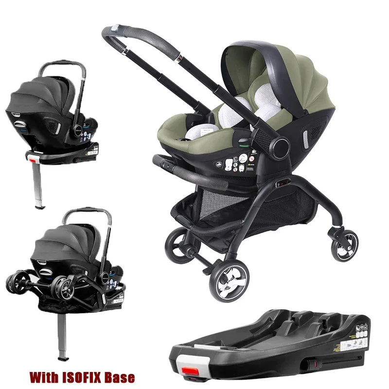Poussette bebe 4 en 1 avec base Isofix couleur vert – siege auto, nacelle et chassis noir, fond blanc - Choupinoo
