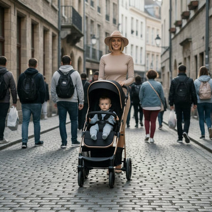 Poussette bebe assise face route rue pavee avec foule en arriere-plan - Choupinoo