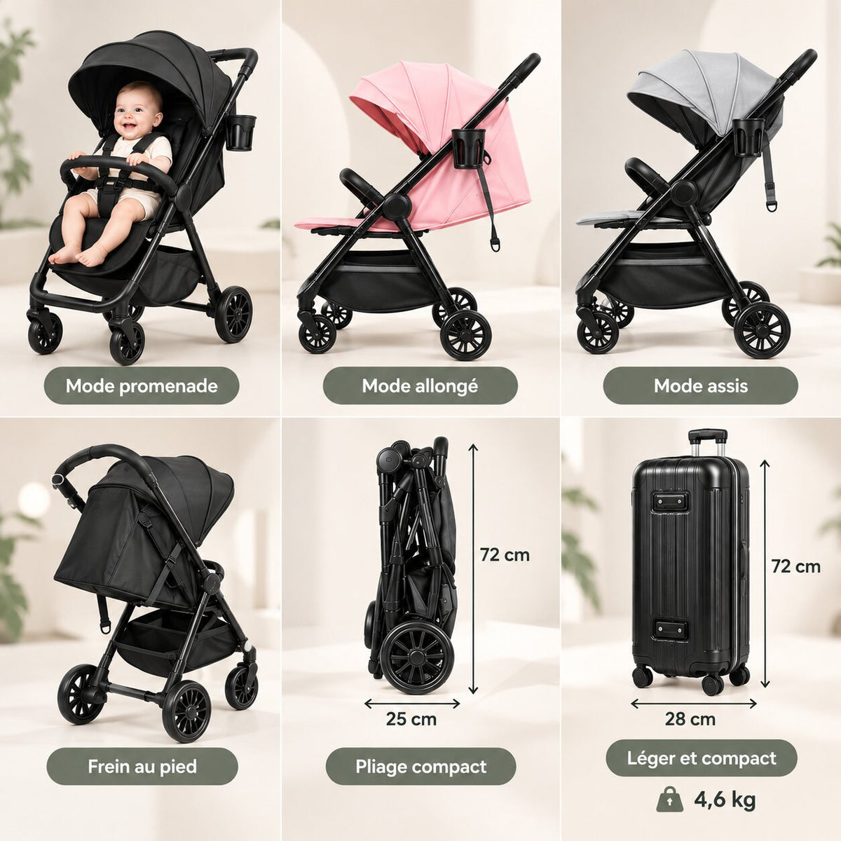 Poussette Bébé Confort – Assise Inclinable montrant les positions de promenade, assise et allongée ainsi que son pliage compact
