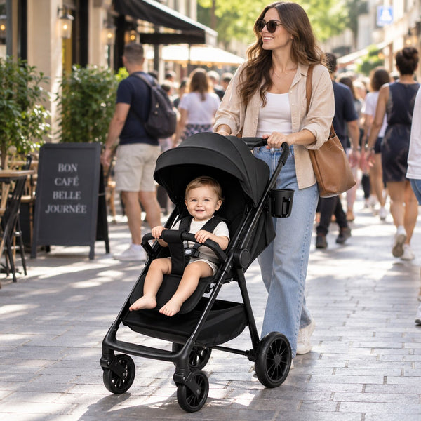 Poussette Bébé Confort – Assise Inclinable utilisée par une maman avec son bébé lors d’une promenade en ville