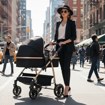 Poussette bebe evolutive nacelle noire or maman en ville vue de face - Choupinoo