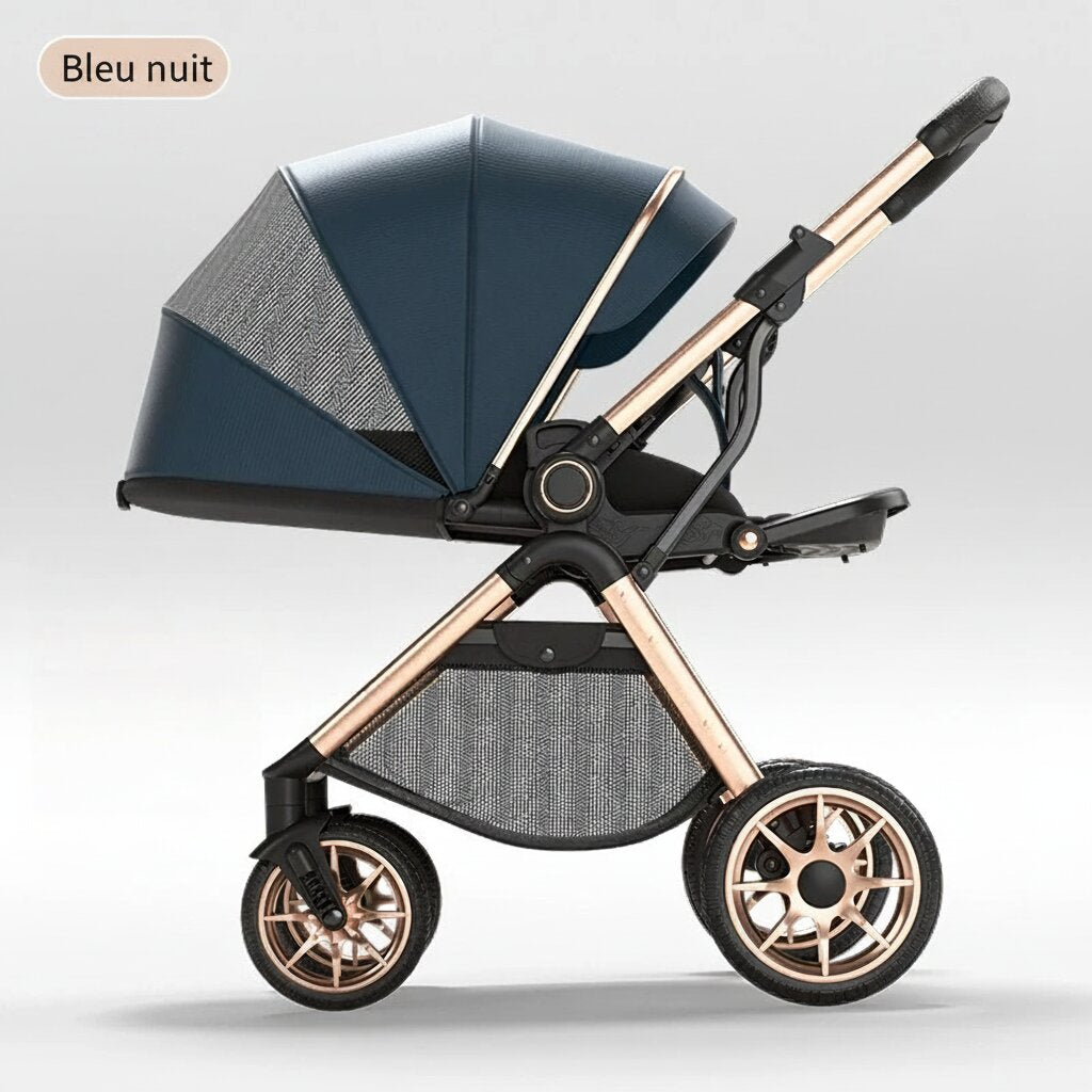 Poussette bébé haute position coloris Bleu nuit châssis doré roues pneumatiques - Choupinoo