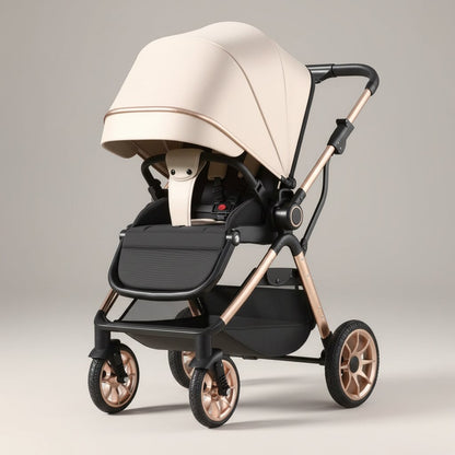 Poussette bebe haute vue trois quarts avant coloris creme, chassis champagne dore, capote large, fond studio gris - Choupinoo