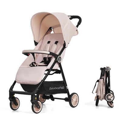 Poussette Bébé Pliable Tout Confort beige présentée ouverte et pliée