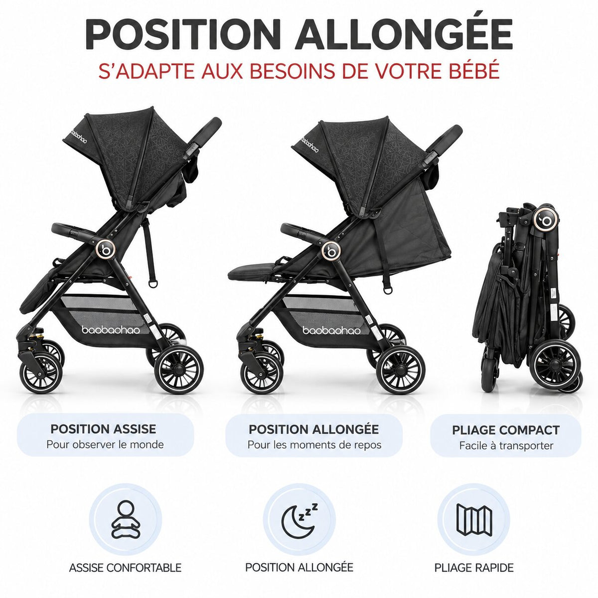 Poussette Bébé Pliable Tout Confort avec position assise, position allongée et pliage compact