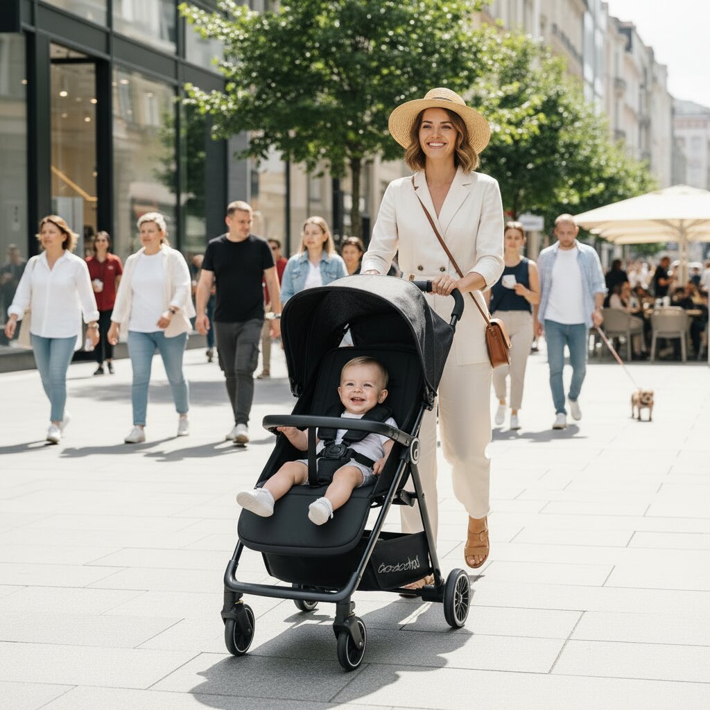 Maman promenant son bébé en ville avec la Poussette Bébé Pliable Tout Confort noire