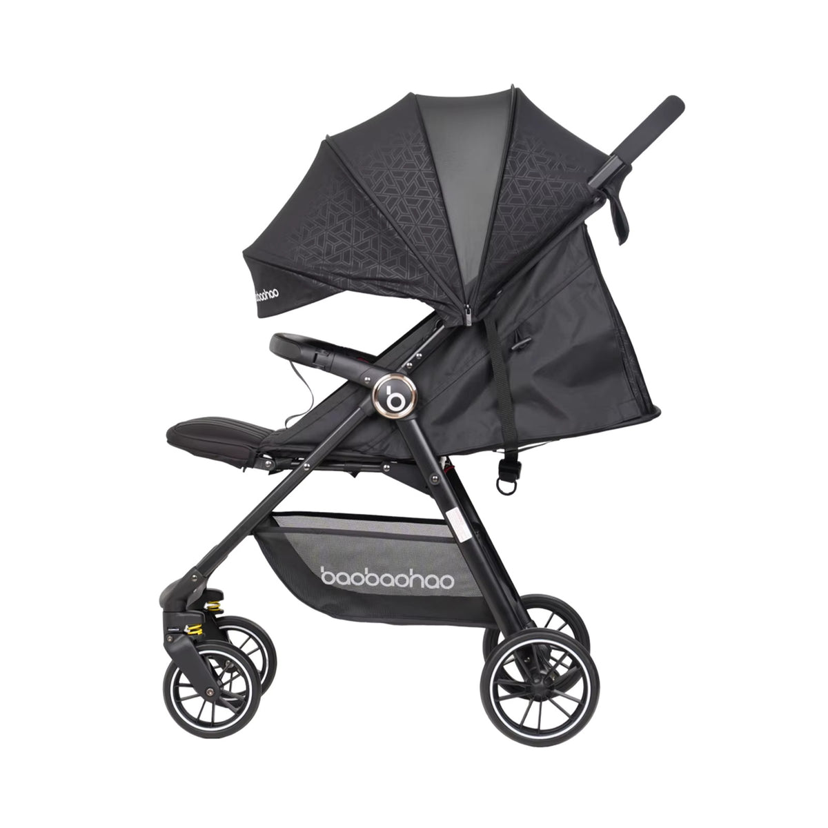 Vue latérale de la Poussette Bébé Pliable Tout Confort noire avec capote déployée