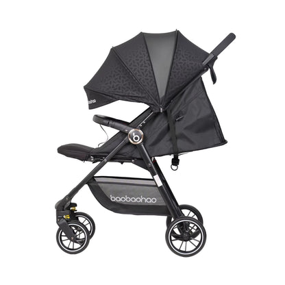 Vue latérale de la Poussette Bébé Pliable Tout Confort noire avec capote déployée