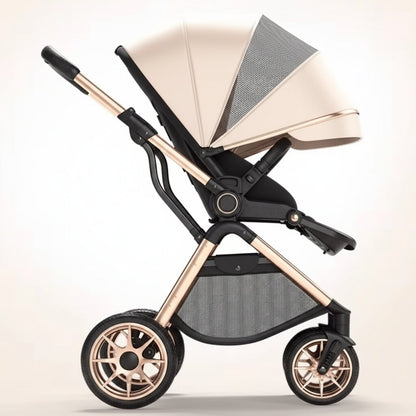 Poussette bebe position face au monde, chassis dore, fond blanc studio - Choupinoo