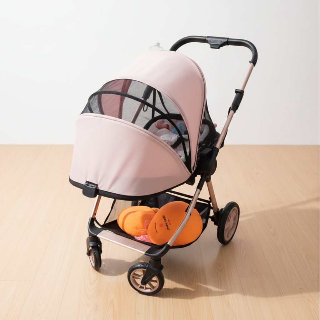 Poussette bebe coloris rose pale avec moustiquaire installee - Choupinoo