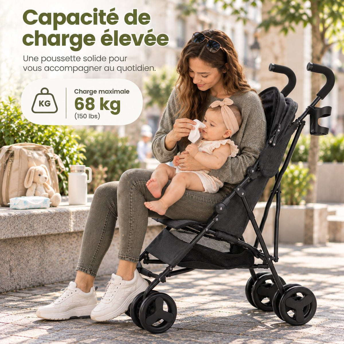 Maman prenant soin de son bébé avec poussette canne à charge maximale de 68 kg