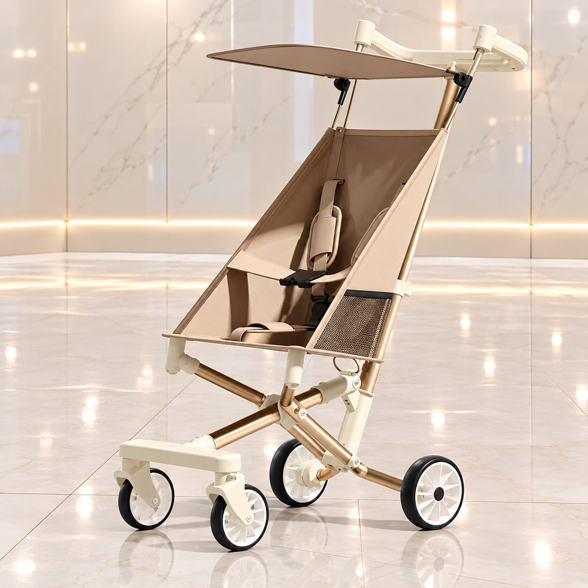 Poussette canne grand enfant beige avec châssis champagne et assise type hamac
