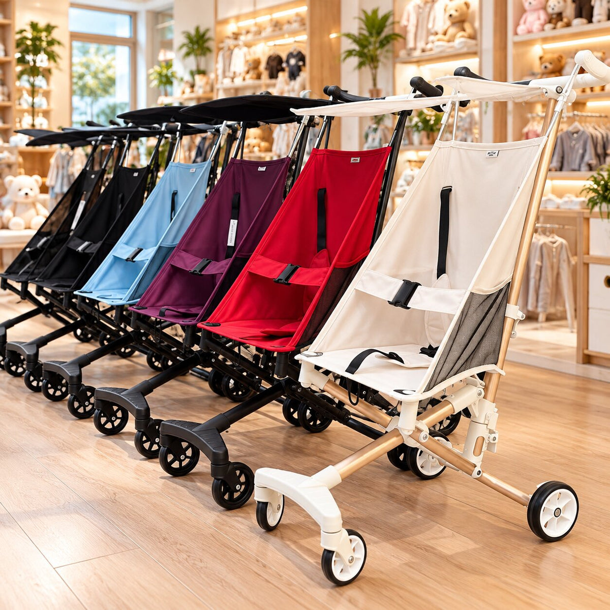 Poussette canne grand enfant légère et compacte présentée dans plusieurs coloris