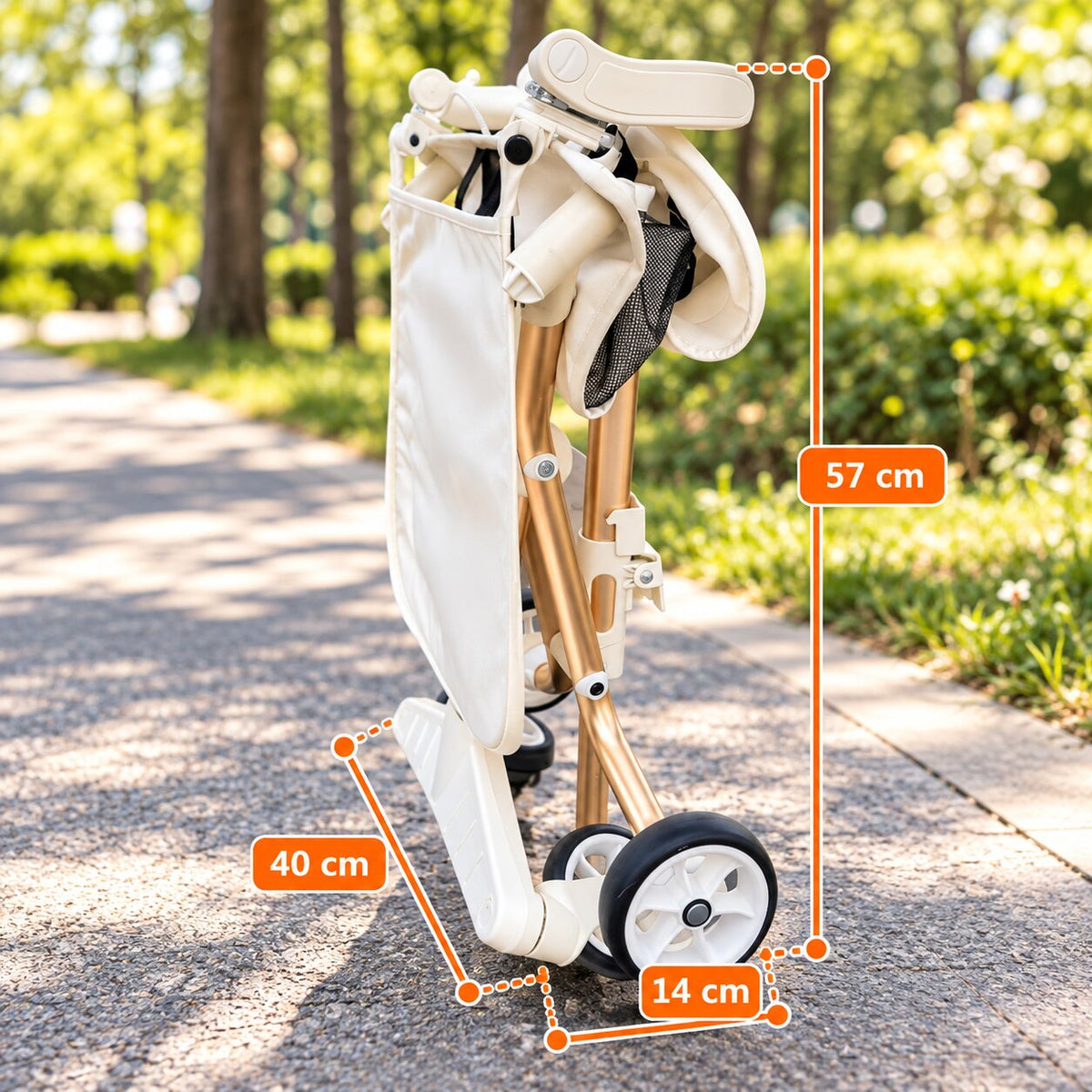 Poussette canne grand enfant pliée au format compact de 57 × 14 × 40 cm