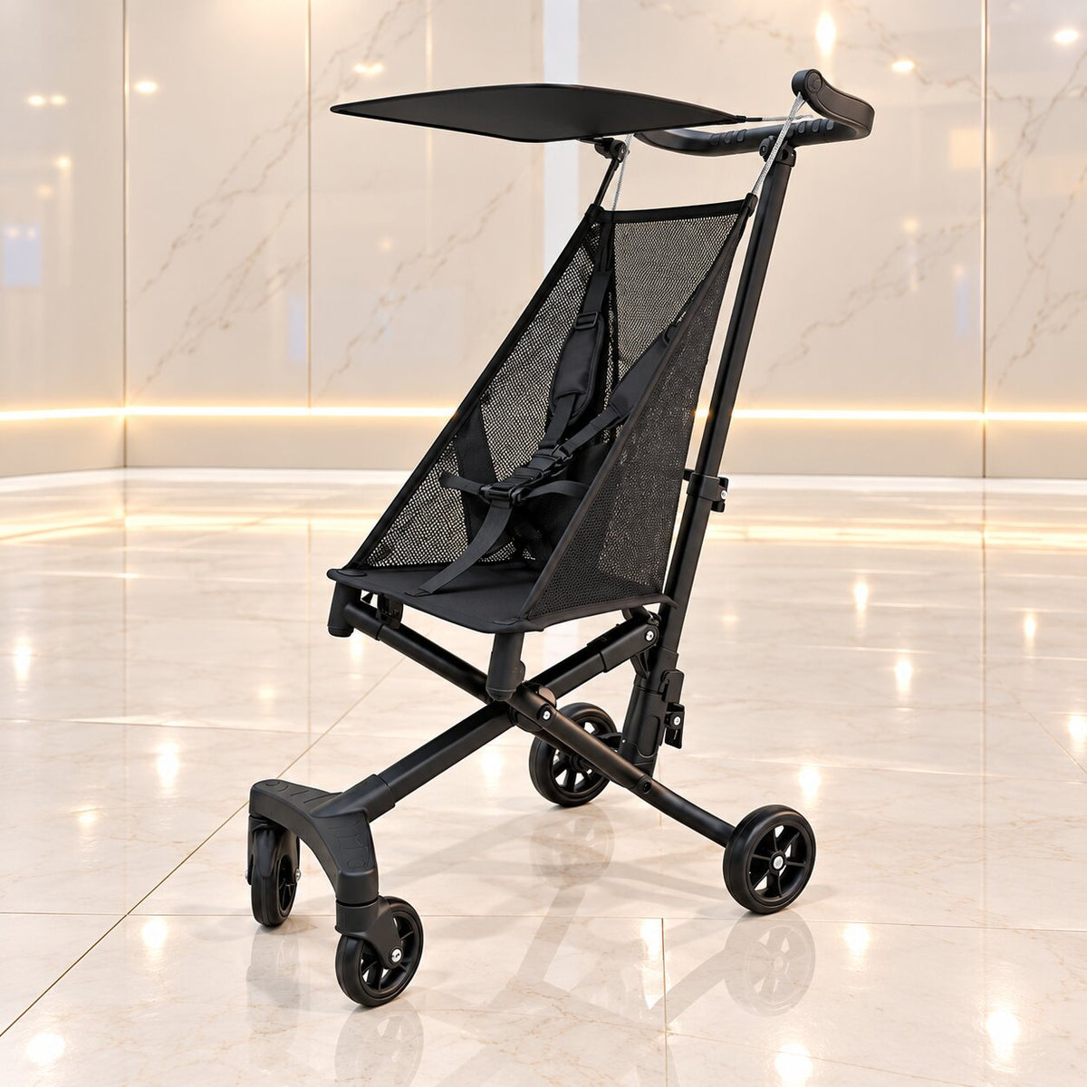 Poussette canne grand enfant noire légère et compacte avec assise en maille