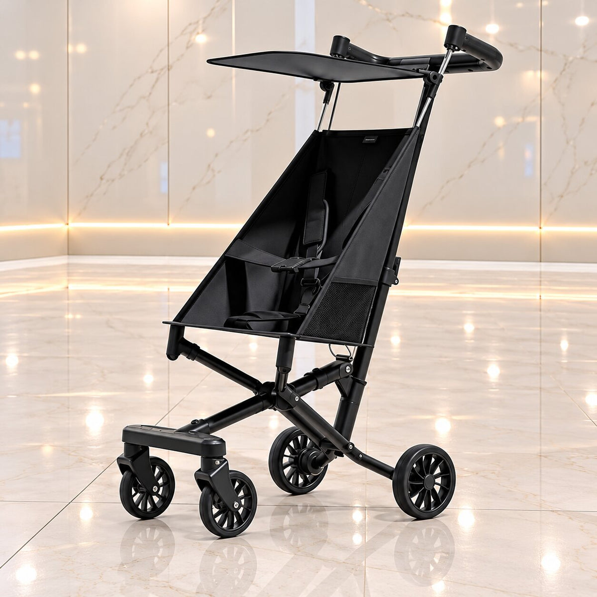 Poussette canne grand enfant noire légère et compacte avec assise type hamac