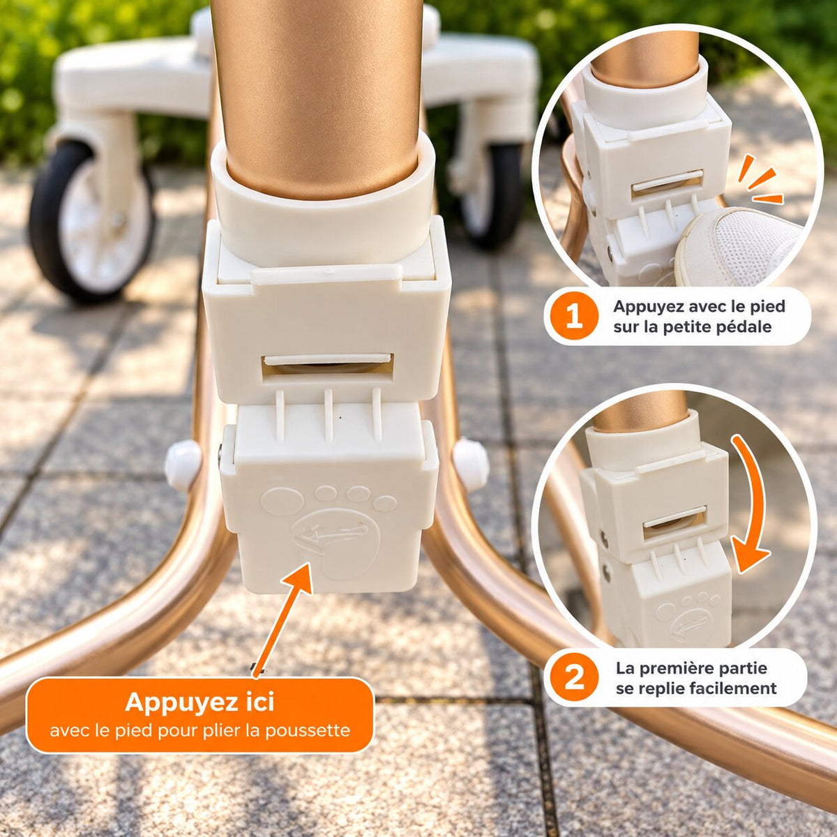 Détail de la commande permettant de plier la poussette canne grand enfant