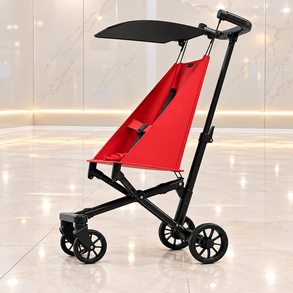 Poussette canne grand enfant rouge légère et compacte avec assise type hamac