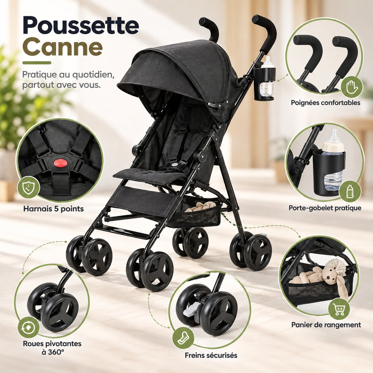 Poussette canne légère avec harnais 5 points, porte-gobelet, panier et roues pivotantes