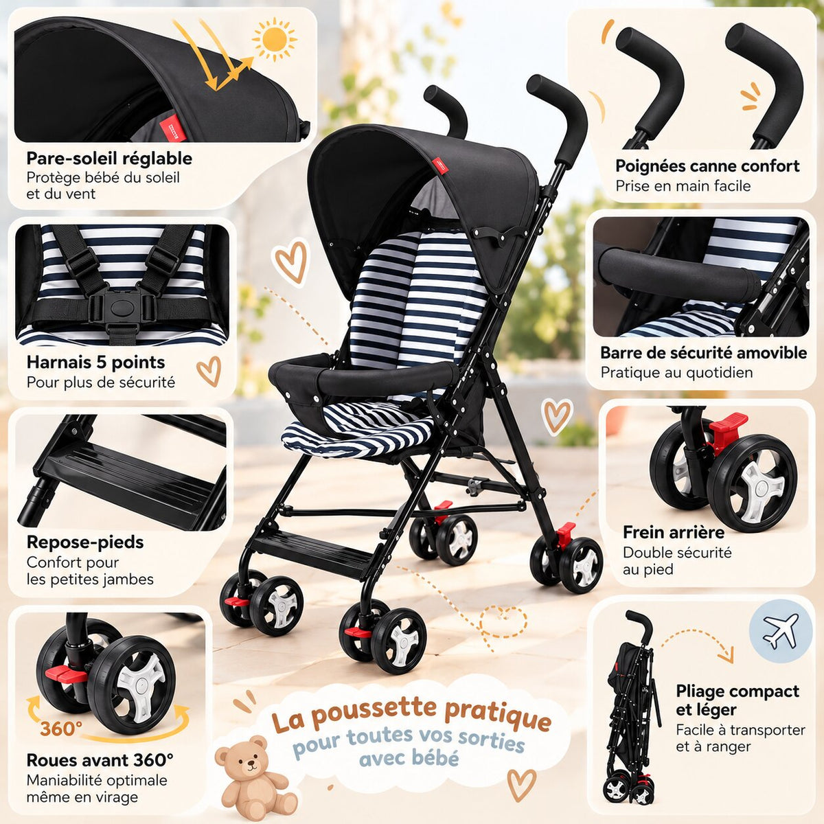 Poussette canne légère noire avec détails des roues, poignées, canopy et équipements