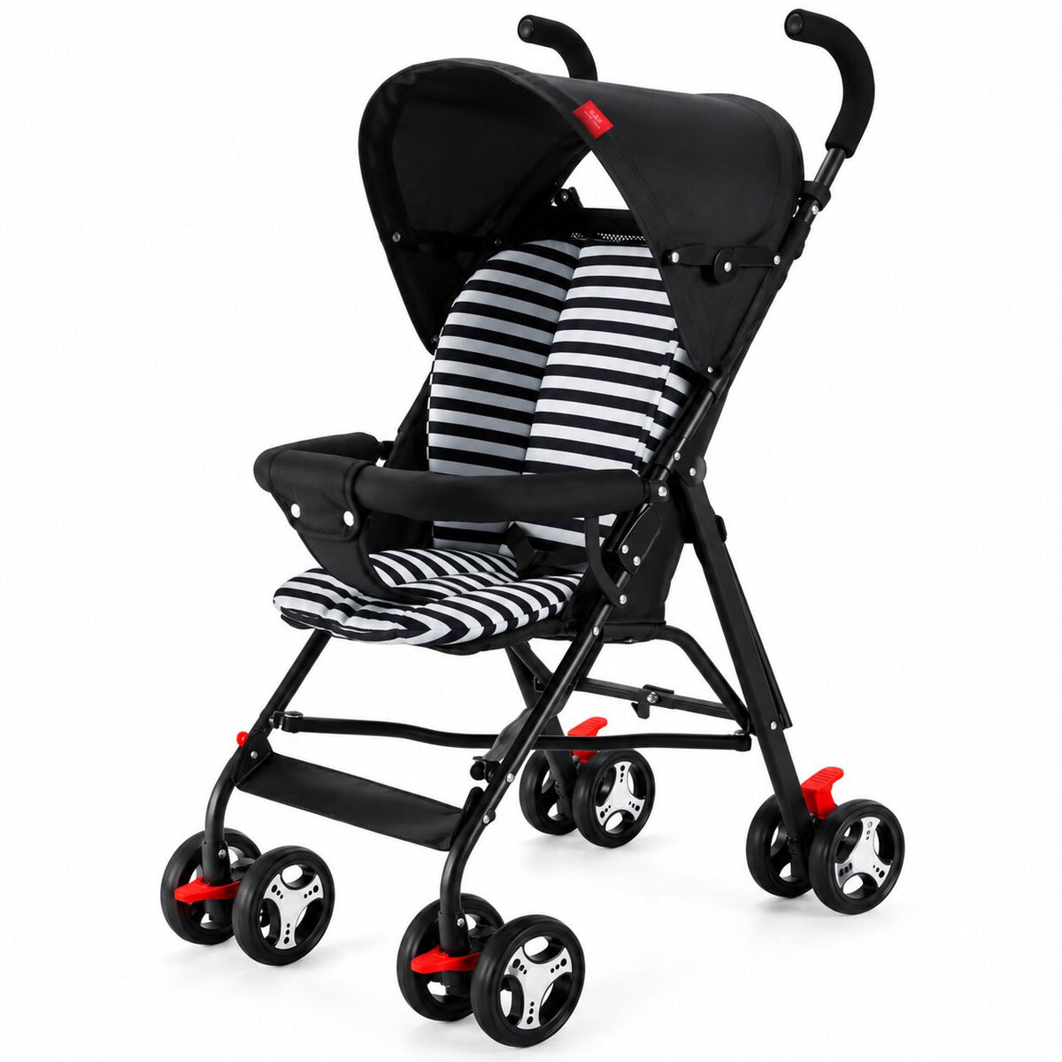 Poussette canne légère noire avec assise rayée noire et blanche sur fond blanc