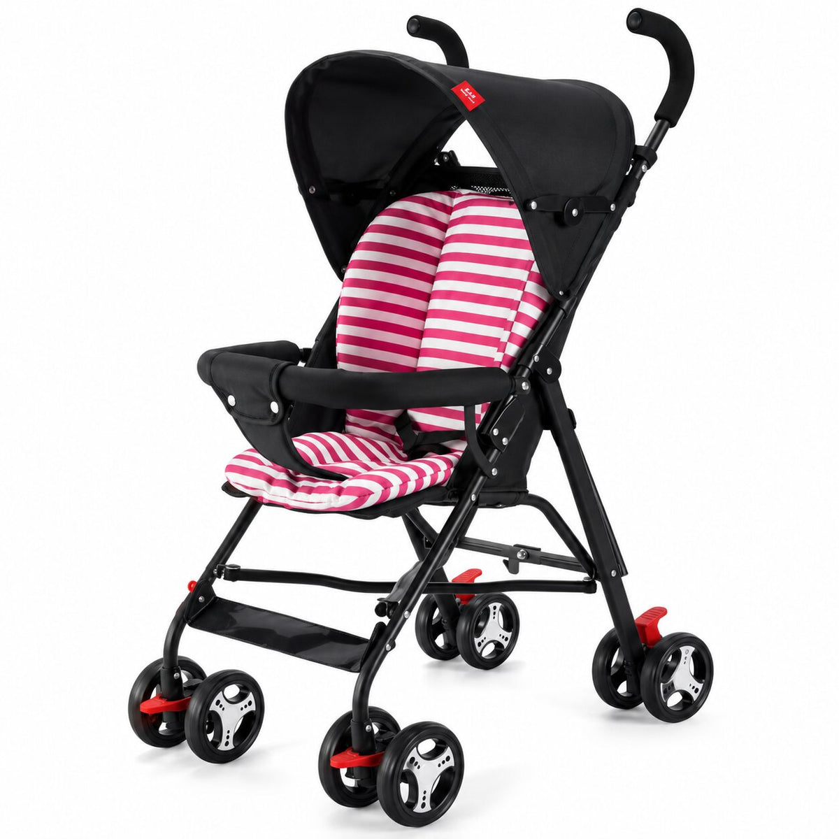 Poussette canne légère noire avec assise rayée rose et blanche sur fond blanc