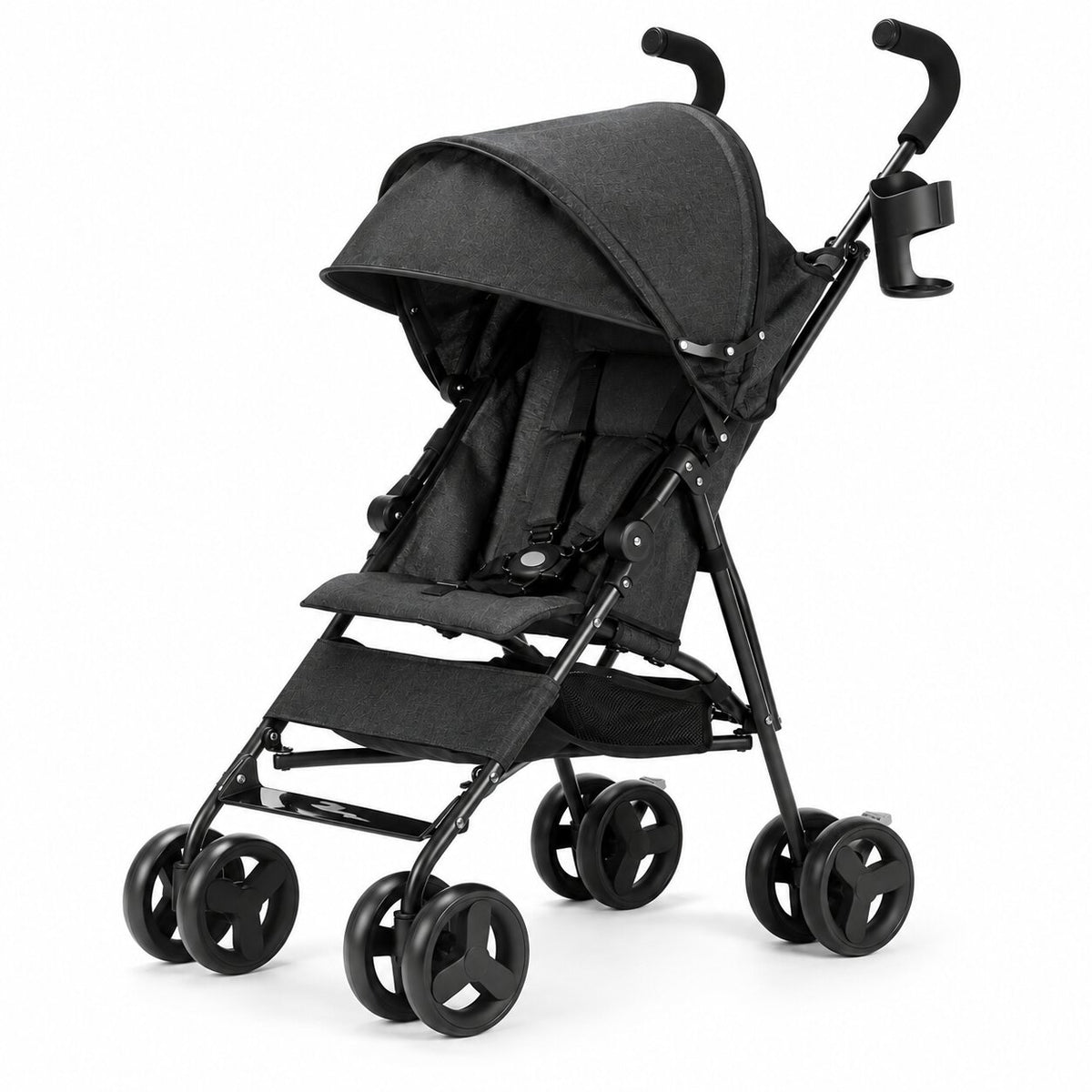 Poussette canne noire légère de 5,6 kg dépliée sur fond blanc